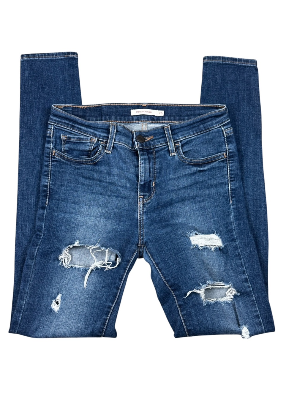 Levi’s 710 Sculpt Distressed Super Skinny Denim Blue Jeans Destroyed Size 26